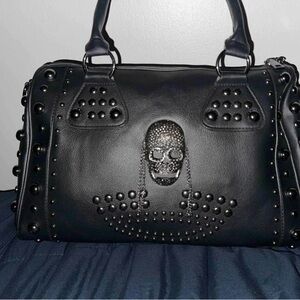 Black Studded Skull Accent Satchel - Women Bags